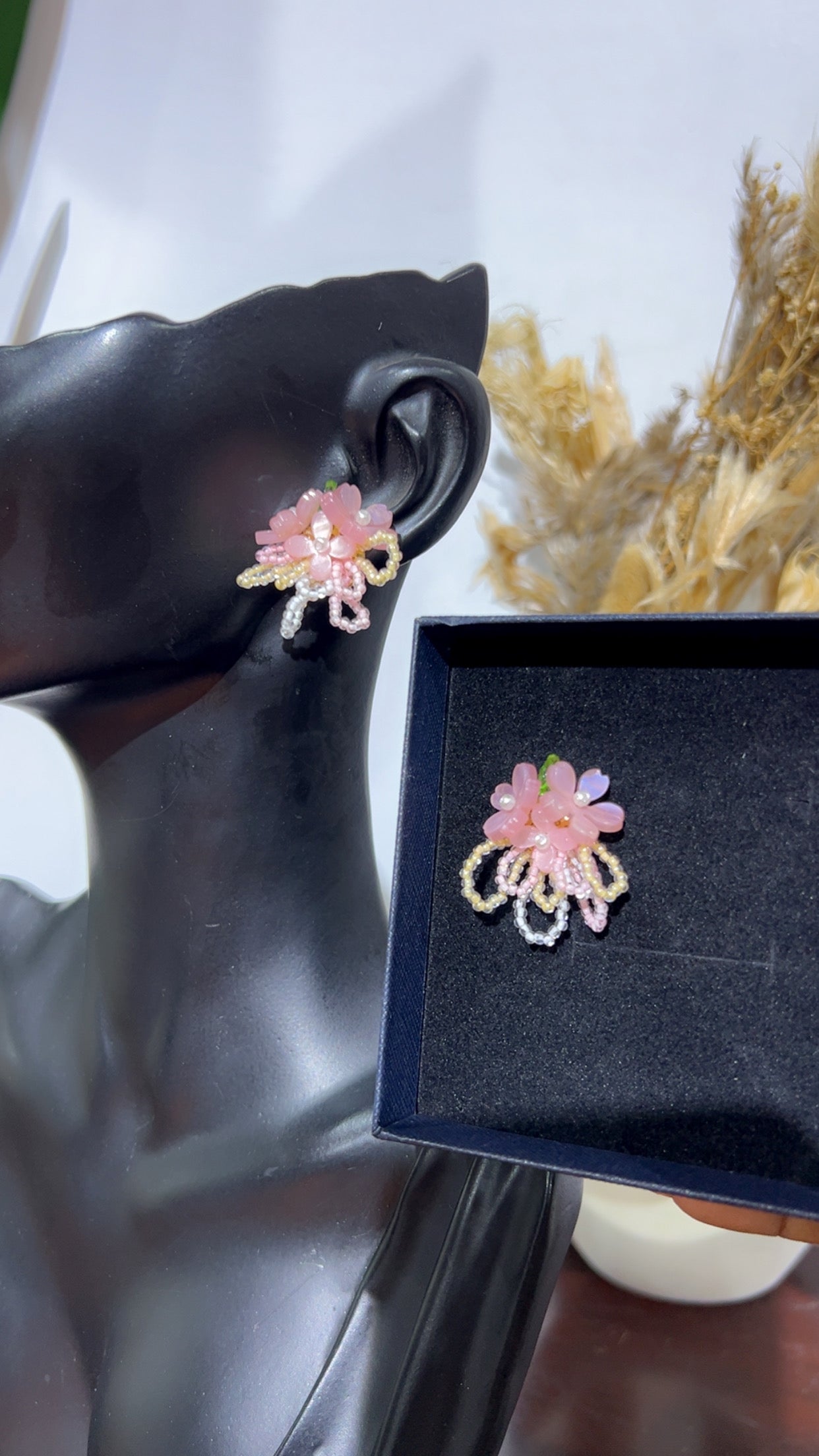 Blush Petal Beaded Statement Earrings (Rbs532)